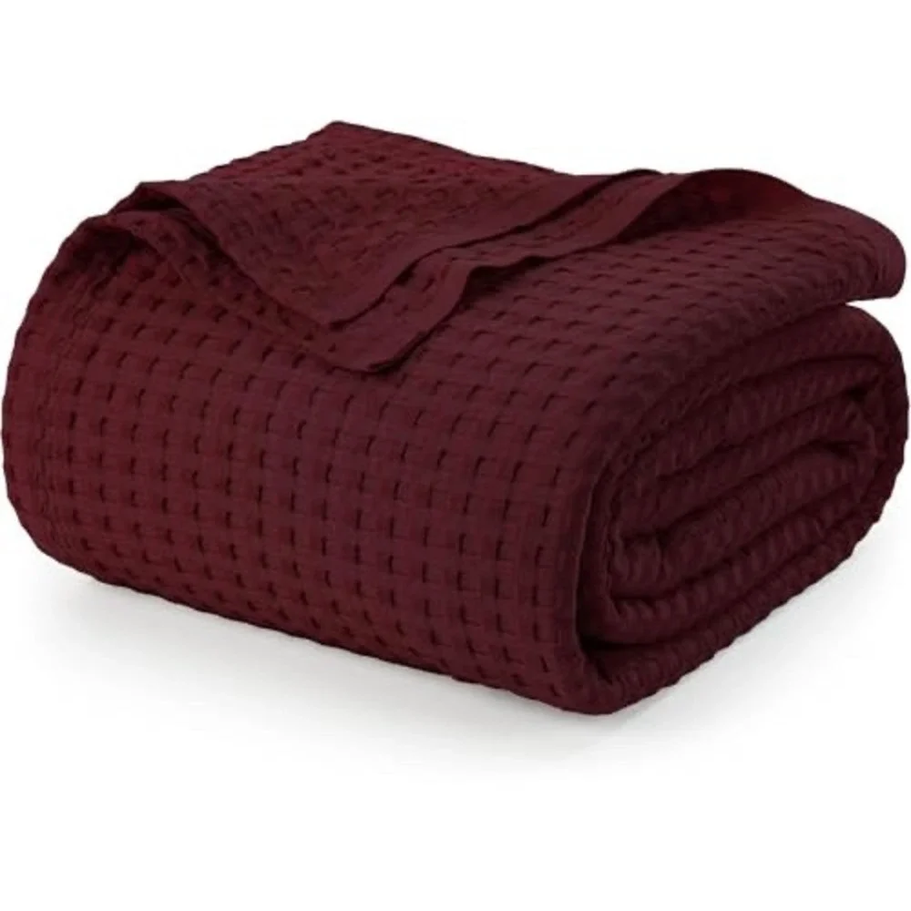 Utopia Waffle Blanket Queen Burgundy 100% Cotton Soft Breathable New